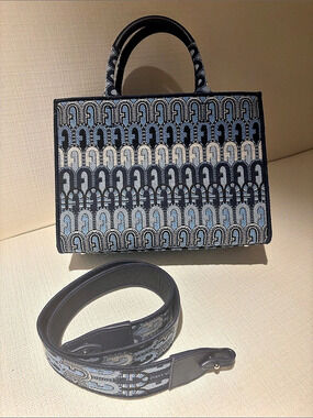 Furla Opportunity Small Tote Bag in Logo Jacquard Blue & Black